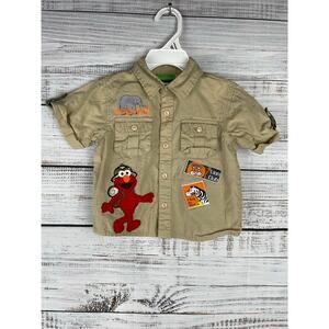Vintage Sesame Street Safari Tan Button Down Short Sleeve Y2K Elmo Baby 18 month